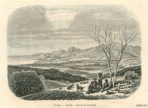 Село Дачное вид на Судакскую долину, гравюра 1855 г., Судак, Крым